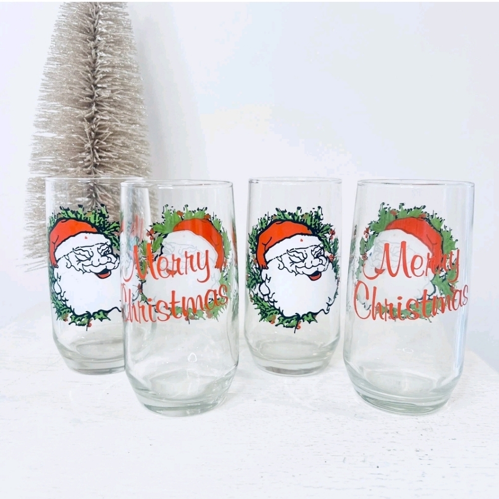 70s Set Anchor Hocking Winking Santa Glass Tumblers Hostess Box Merry Christmas - Picture 9 of 10